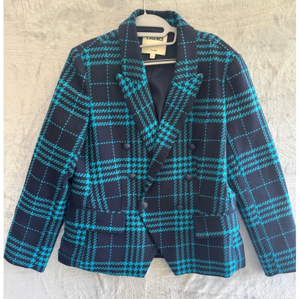 L'AGENCE Kenzie Double Breasted Plaid Wool Blazer Teal Navy‎ Blue Size 10